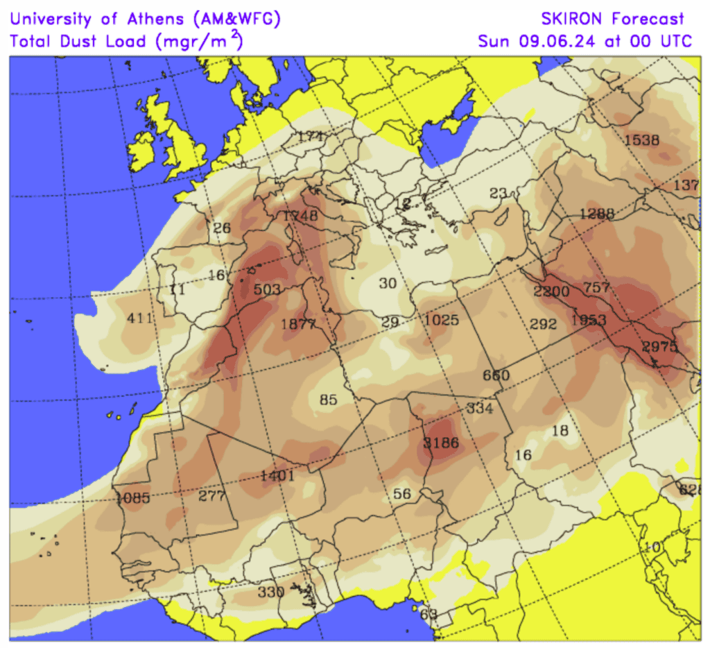 Pluies sableuses en France - photo carte SKIRON DUST FORECAST