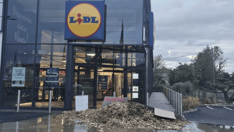 Gard : des agriculteurs FDSEA bloquent un LIDL pour défendre les produits locaux