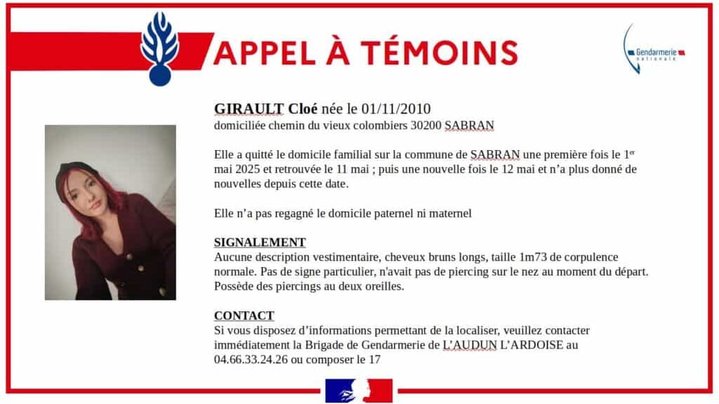 Gard : la gendarmerie lance un second appel à témoins pour cette adolescente