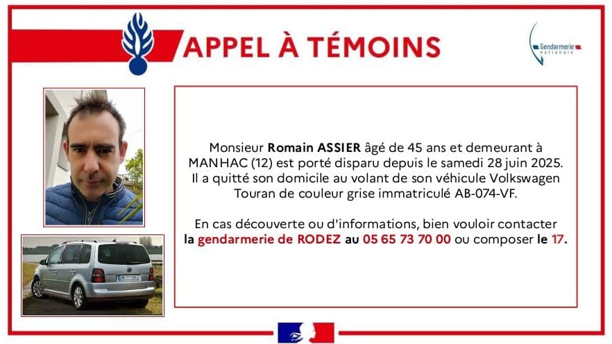 Aveyron : disparition inquiétante d’un homme de 45 ans