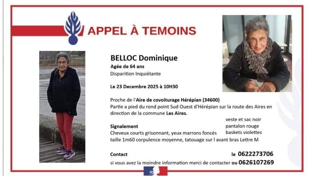 Hérault : disparition inquiétante d’une femme de 64 ans
