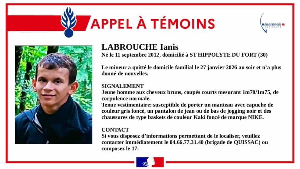 Gard : appel à témoins, la gendarmerie recherche Ianis Labrouche