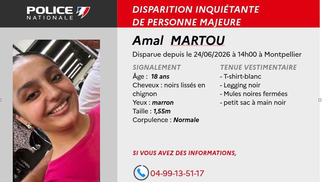 Police Nationale de l'Hérault - disparition d'une jeune de 18 ans