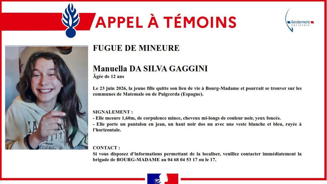 Gendarmerie des Pyrénées-Orientales - Appel à témoins suite à la fugue d'une mineure de 12 ans