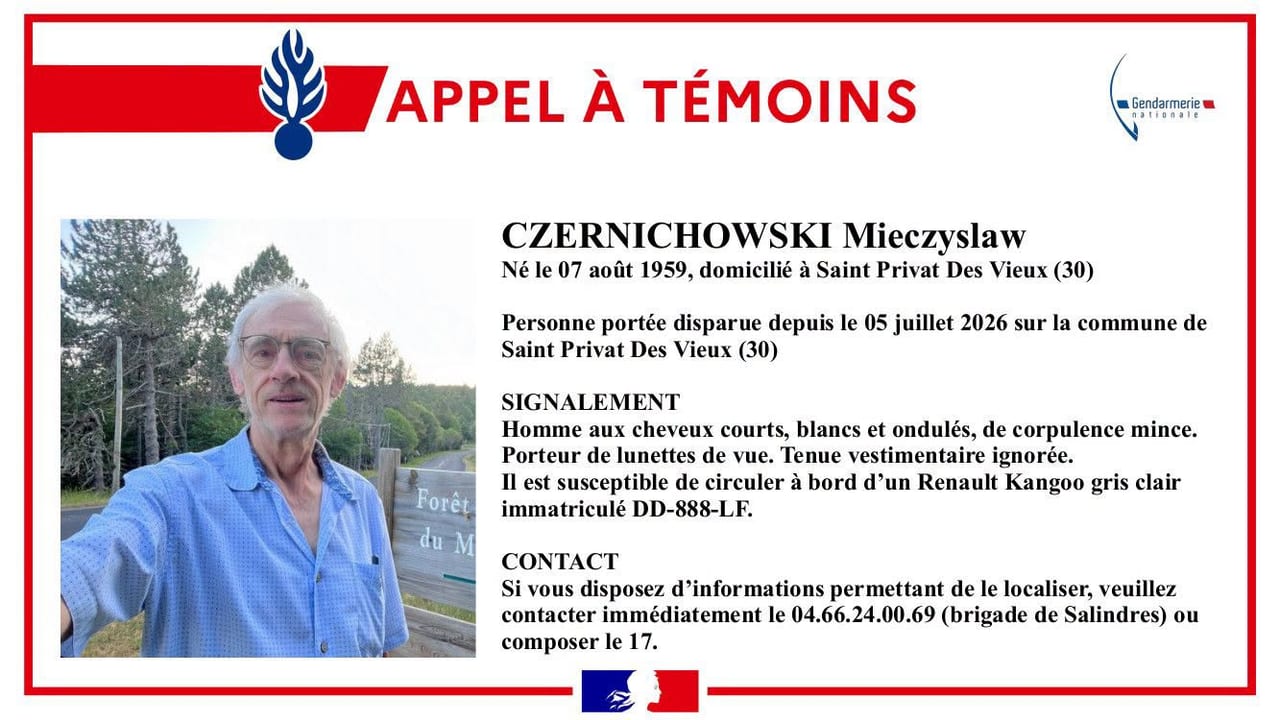Gendarmerie du Gard - Disparition inquiétante de Mieczyslaw Czernichowski depuis le 5 juillet 2026