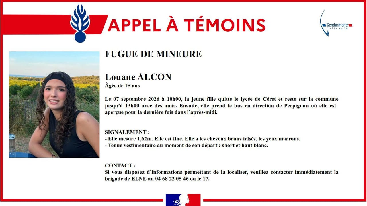 Gendarmerie des Pyrénées-Orientales - Louane Alcon est introuvable depuis ce lundi 7 septembre