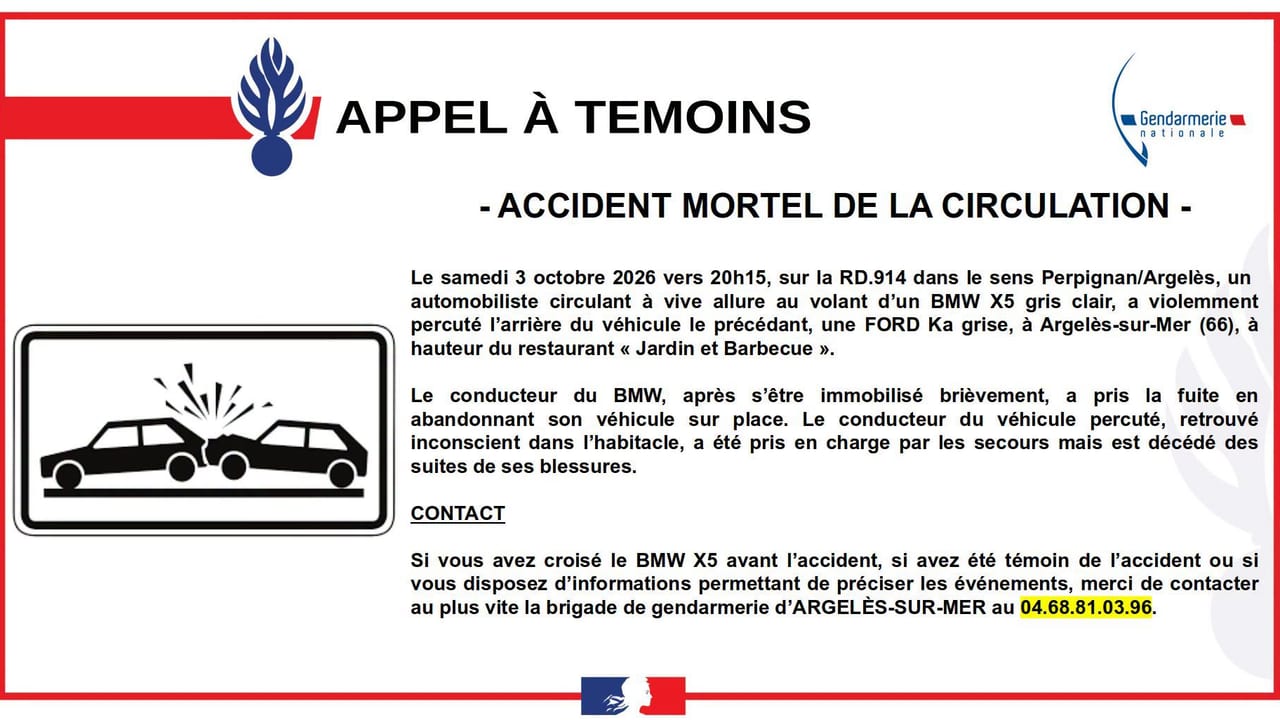 Appel à témoins suite à un accident mortel de la circulation - Crédit photo : Gendarmerie des Pyrénées-Orientales